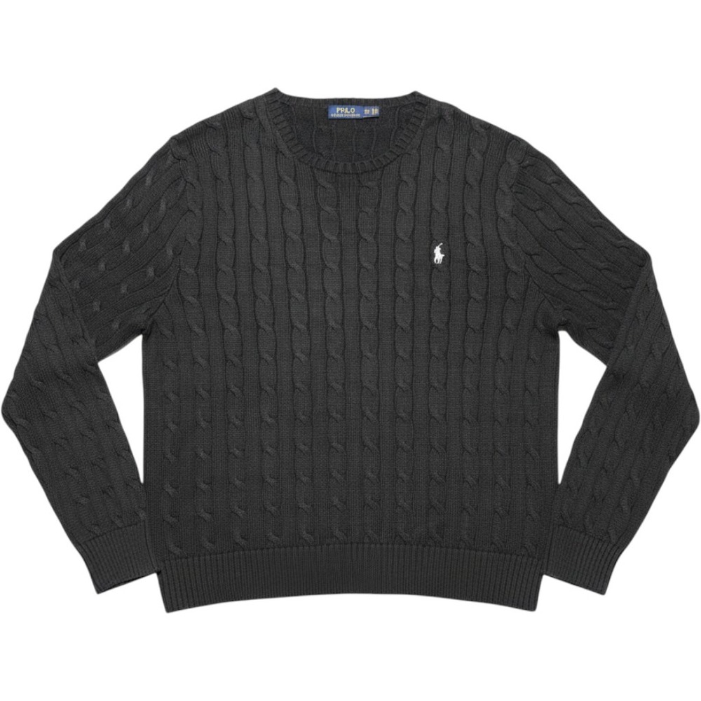 Polo Ralph Lauren Mens XXL Black Cable Knit Cotton Crewneck Sweater Pony Logo